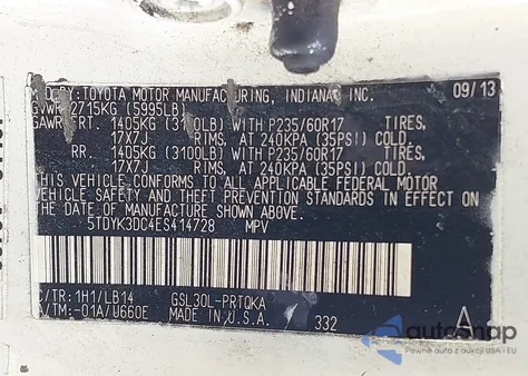 2014 Toyota Sienna Xle V6 8 Passenger из США, поврежденный, VIN 5TDYK3DC4ES414728